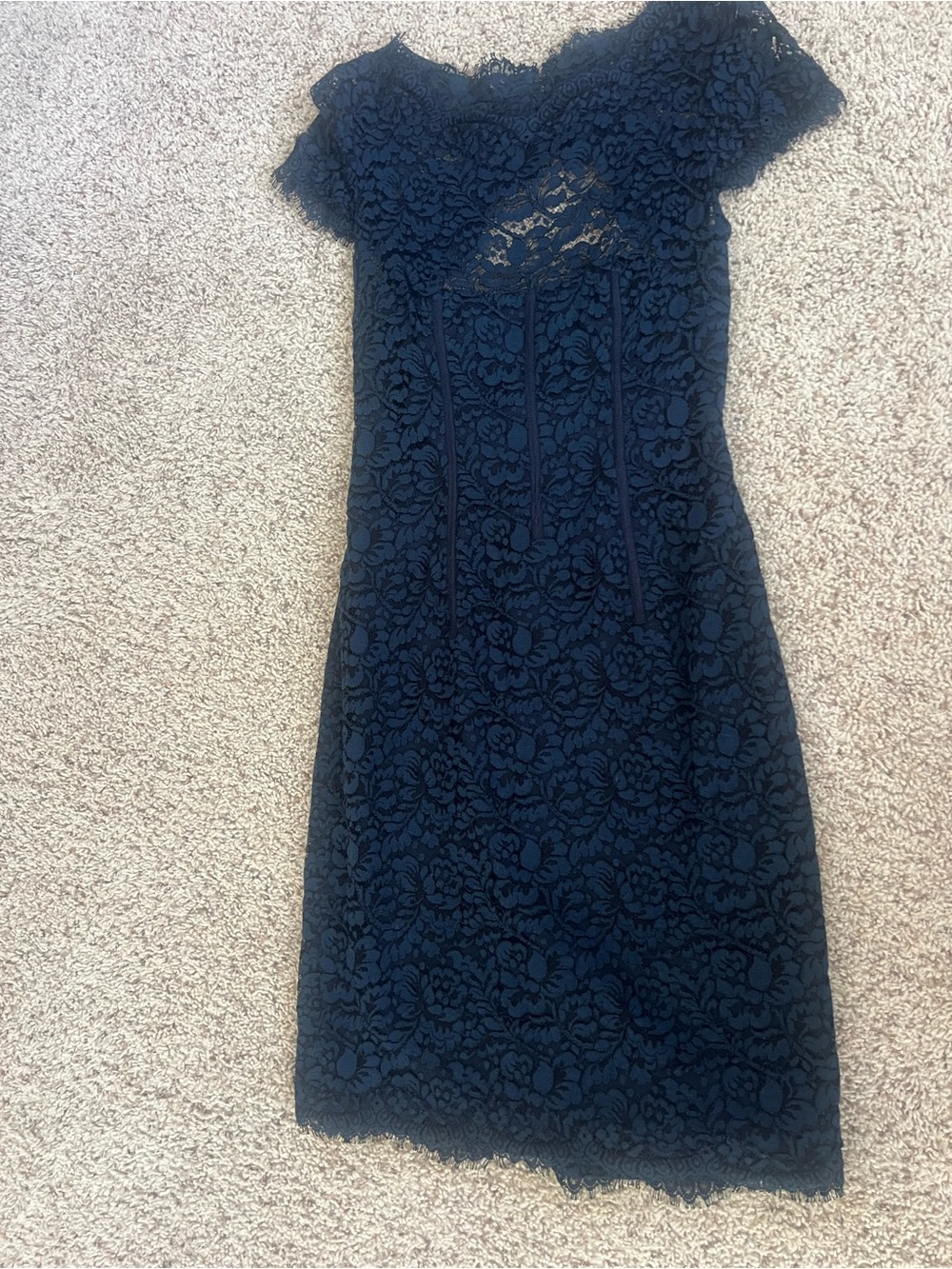 Monique Lhuillier Elegant Navy Lace Sheath Dress - Women's